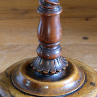 Mid-Victorian burr walnut candle stand with fixed candle arm and barley-twist column