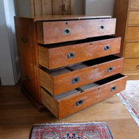 Mid-19th century camphor wood two-part campaign chest with five drawers and recessed brass handles.