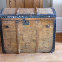 Antique Victorian pine domed trunk with iron straps and timber knock bars, circa 1880