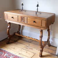 Arts & Crafts oak console table by Beresford & Hicks with two drawers and shaped trestle supports