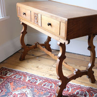 Arts & Crafts oak console table by Beresford & Hicks with two drawers and shaped trestle supports