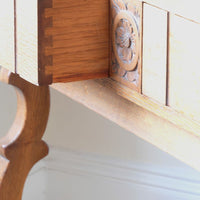 dovetail drawer box on the Arts & Crafts oak console table by Beresford & Hicks with two drawers and shaped trestle supports