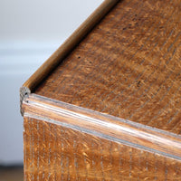Tiny upstand on the Arts & Crafts oak console table by Beresford & Hicks with two drawers and shaped trestle supports