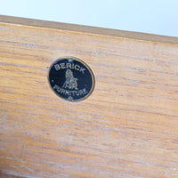 Berick name plate on the Arts & Crafts oak console table by Beresford & Hicks with two drawers and shaped trestle supports