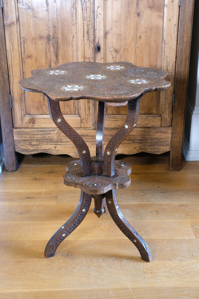 syrian carved hardwood mother of pearl inlaid occasional table