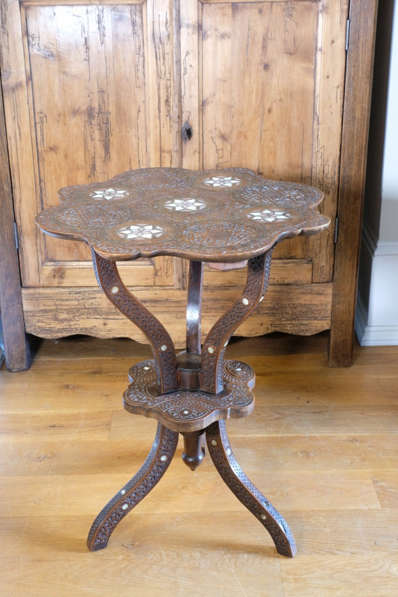 syrian carved hardwood mother of pearl inlaid occasional table