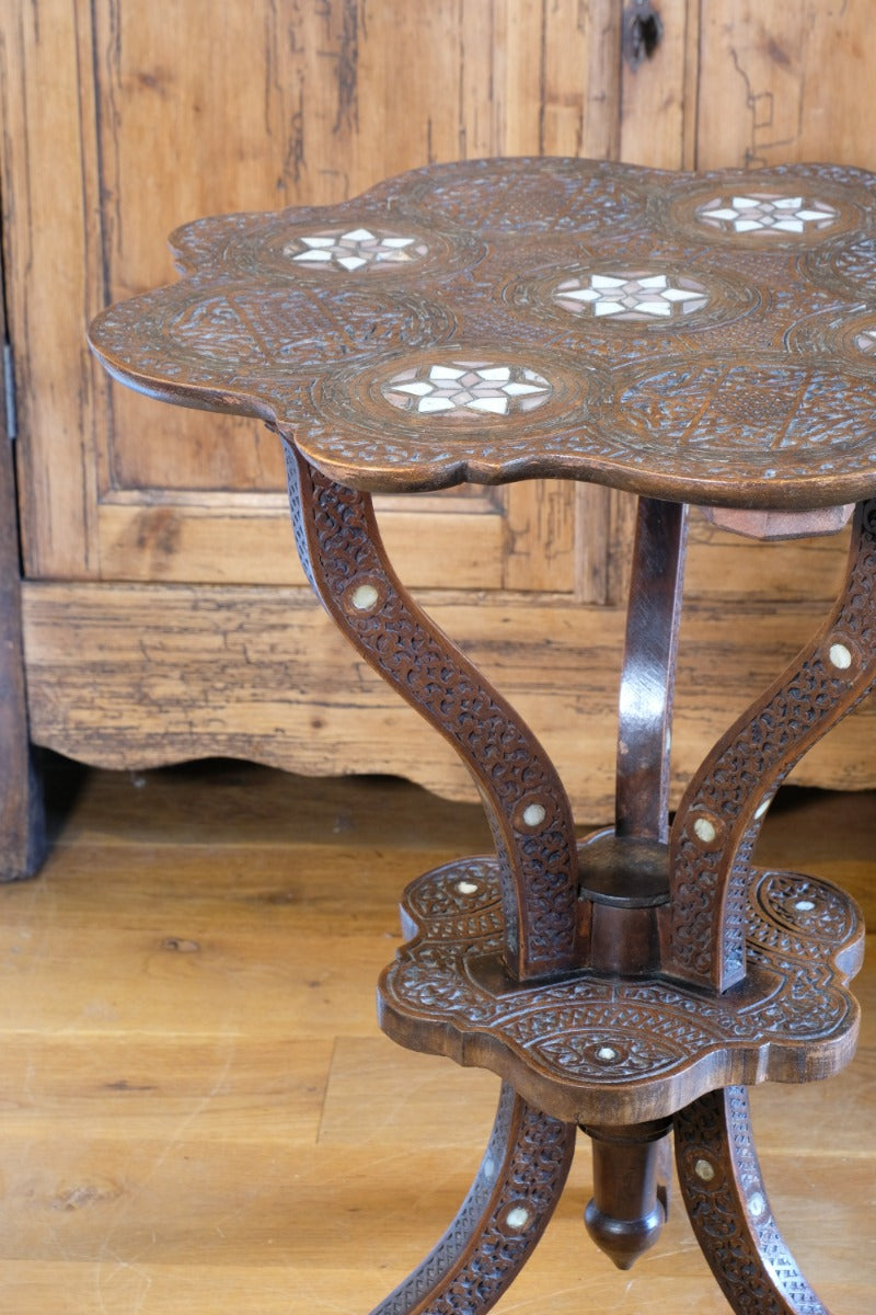 side view of syrian hardwood table with mother‑of‑pearl inlay
