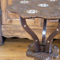 side view and Close up of the top - Syrian Carved Hardwood Mother-of-Pearl Inlaid Occasional Table, c.1900–1930