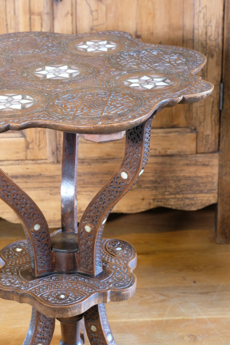 syrian carved hardwood mother of pearl inlaid occasional table