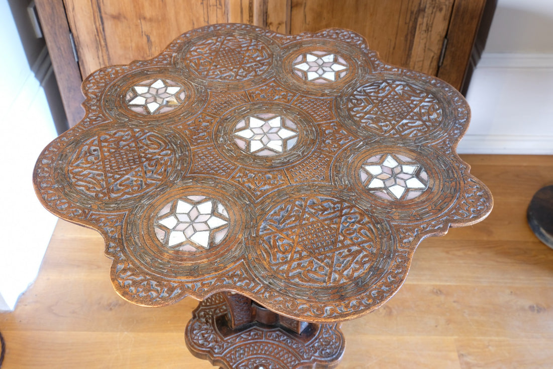 syrian carved hardwood mother of pearl inlaid occasional table