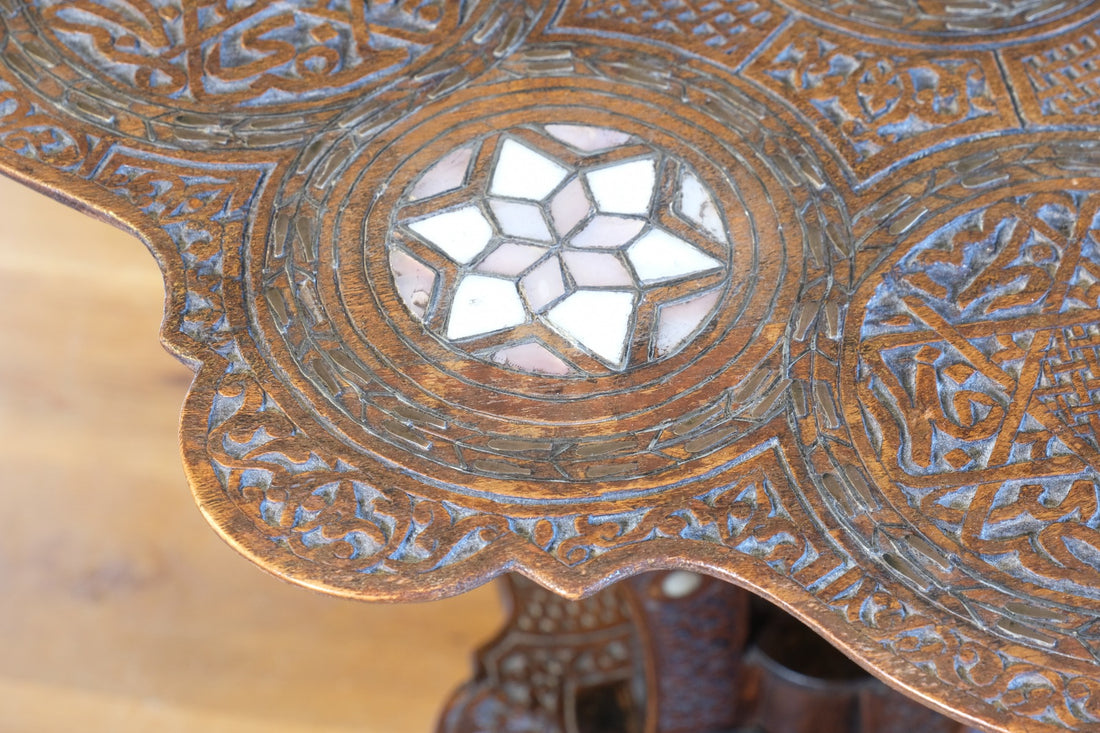 syrian carved hardwood mother of pearl inlaid occasional table