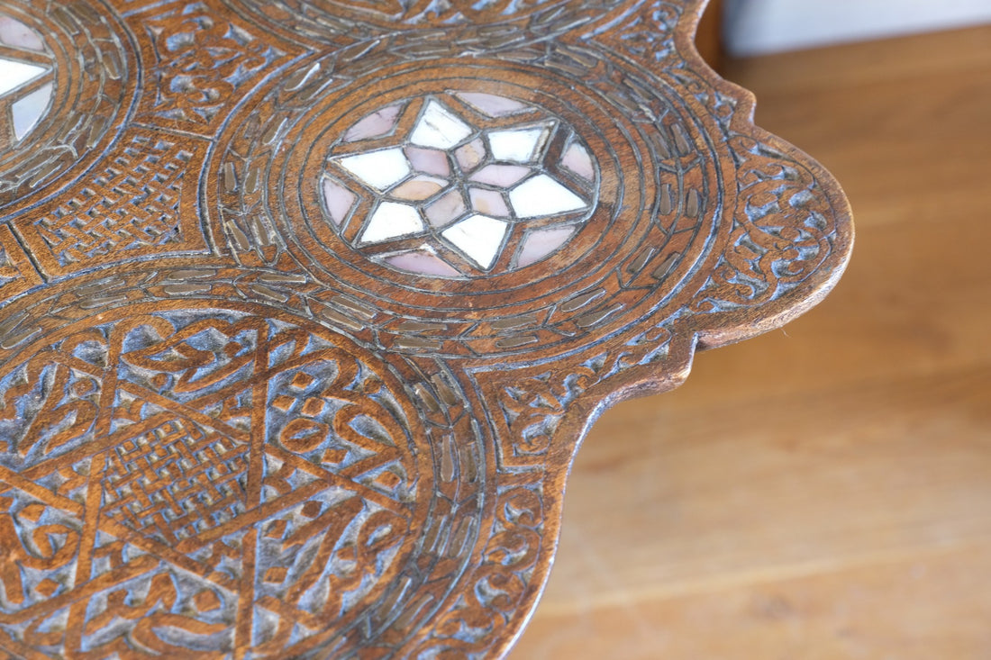 syrian carved hardwood mother of pearl inlaid occasional table