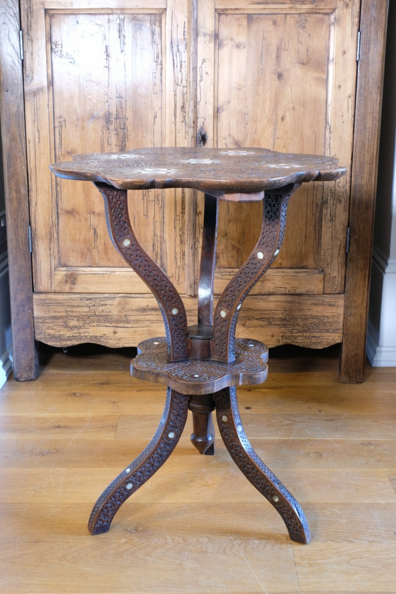 syrian carved hardwood mother of pearl inlaid occasional table