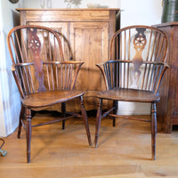Pair of 19th Century Windsor Wheelback Armchairs in Ash and Elm