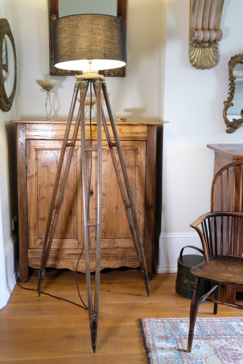 Oak and brass military-style tripod floor lamp with original fittings