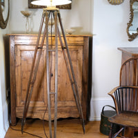 Oak and brass military-style tripod floor lamp with original fittings