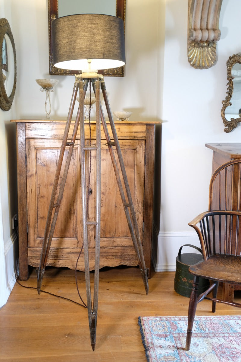 Oak and brass military-style tripod floor lamp with original fittings