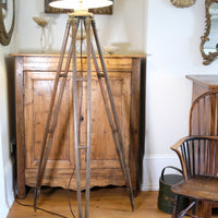 Oak and brass military-style tripod floor lamp with original fittings