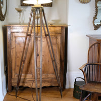 Oak and brass military-style tripod floor lamp with original fittings