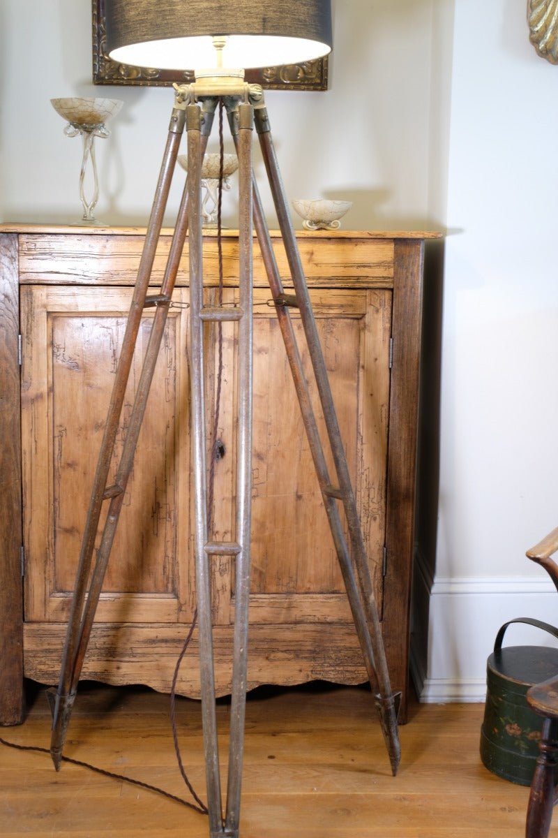 Oak and brass military-style tripod floor lamp with original fittings
