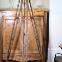 Oak and brass military-style tripod floor lamp with original fittings