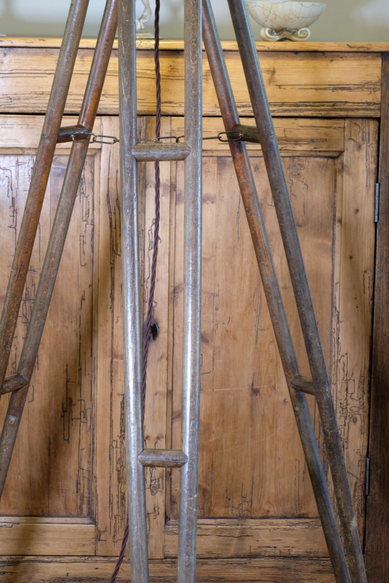Oak and brass military-style tripod floor lamp with original fittings