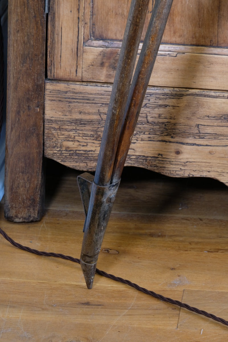 Oak and brass military-style tripod floor lamp with original fittings