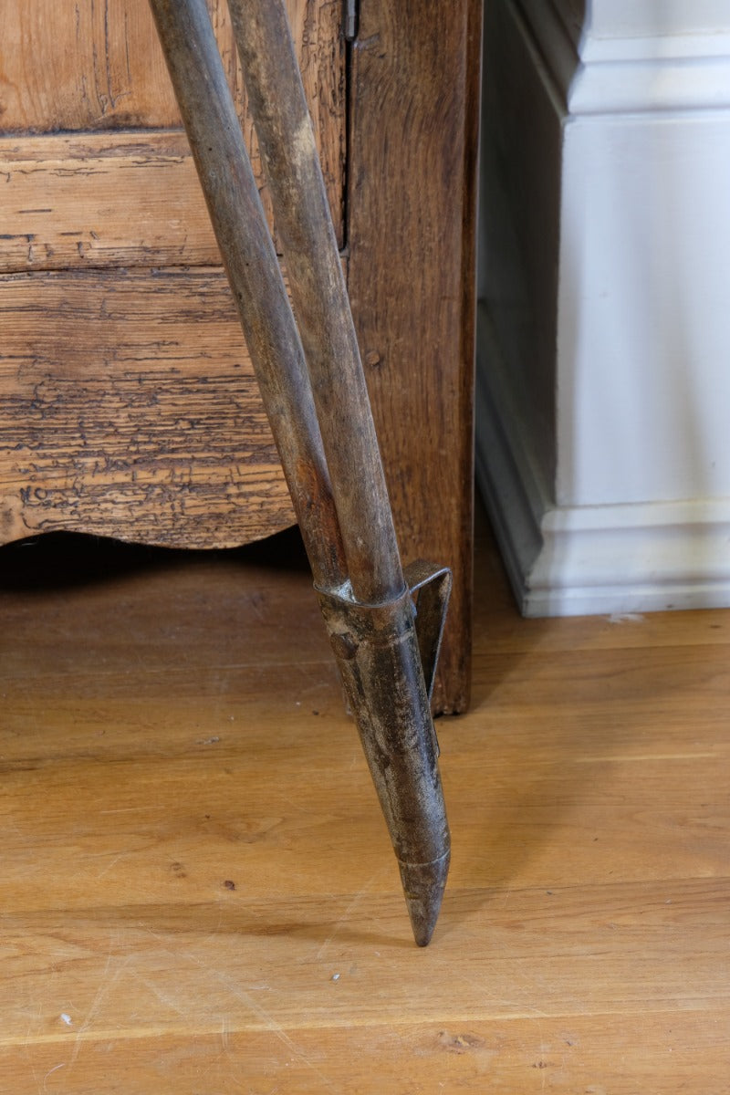 Oak and brass military-style tripod floor lamp with original fittings