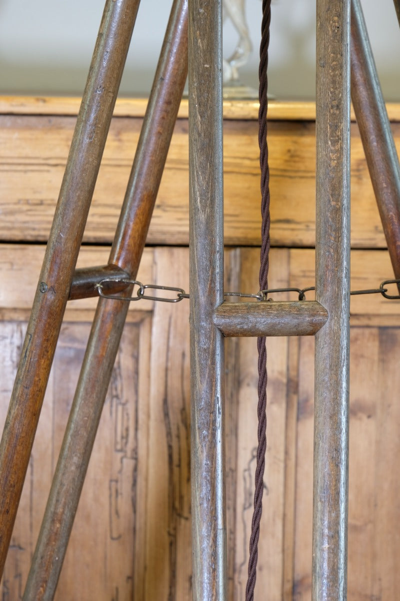Oak and brass military-style tripod floor lamp with original fittings