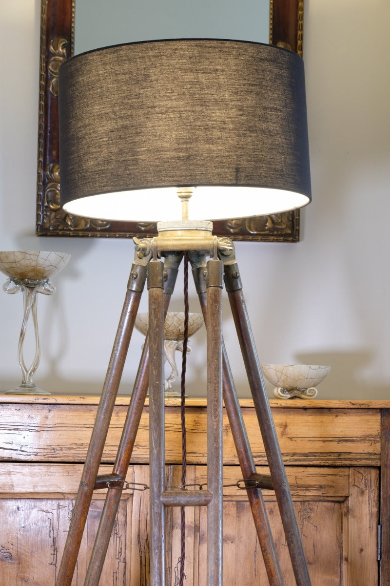 Oak and brass military-style tripod floor lamp with original fittings