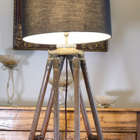 Oak and brass military-style tripod floor lamp with original fittings