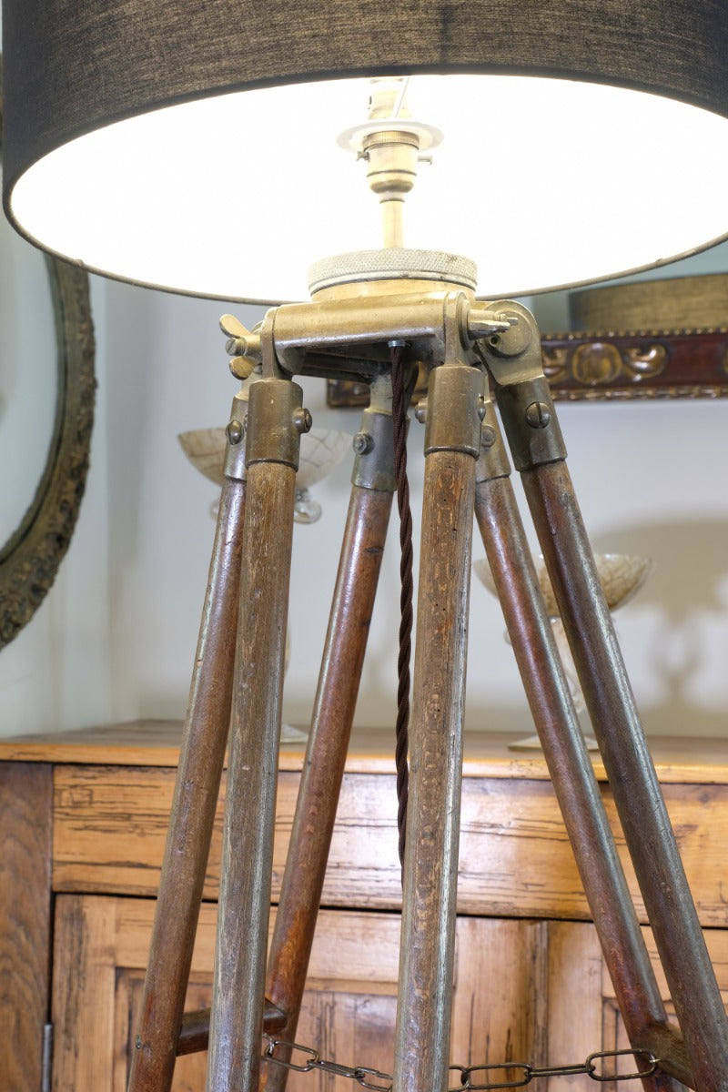 Oak and brass military-style tripod floor lamp with original fittings