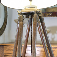 Oak and brass military-style tripod floor lamp with original fittings