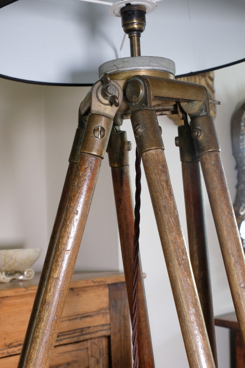 Oak and brass military-style tripod floor lamp with original fittings