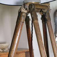 Oak and brass military-style tripod floor lamp with original fittings