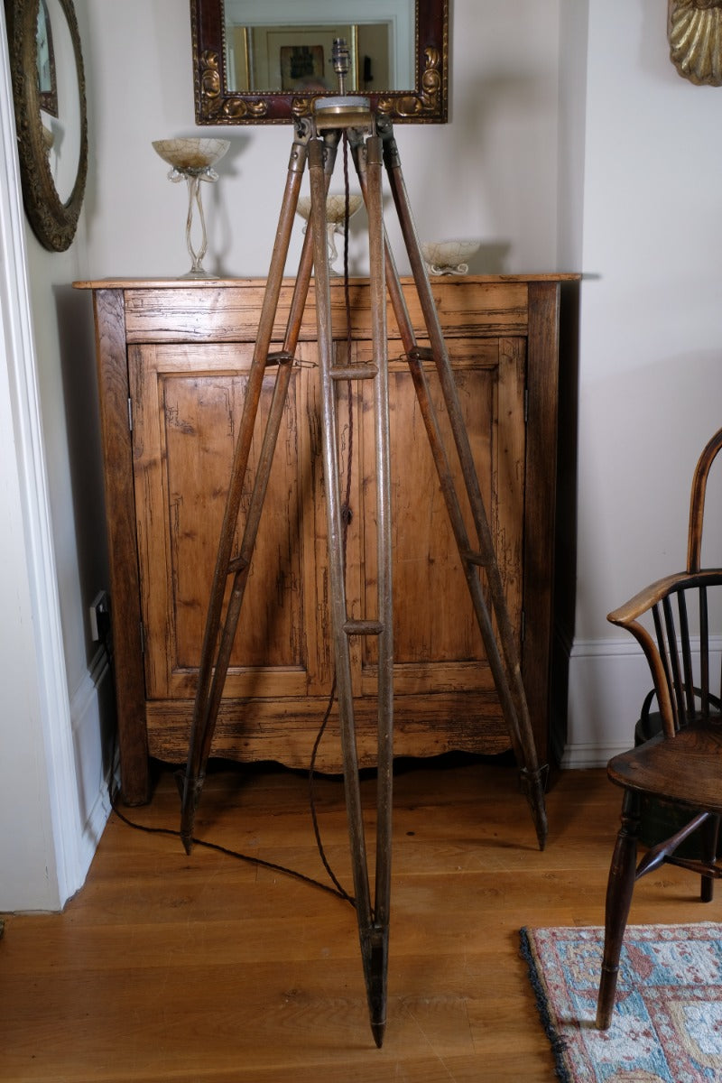 Oak and brass military-style tripod floor lamp with original fittings