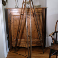 Oak and brass military-style tripod floor lamp with original fittings