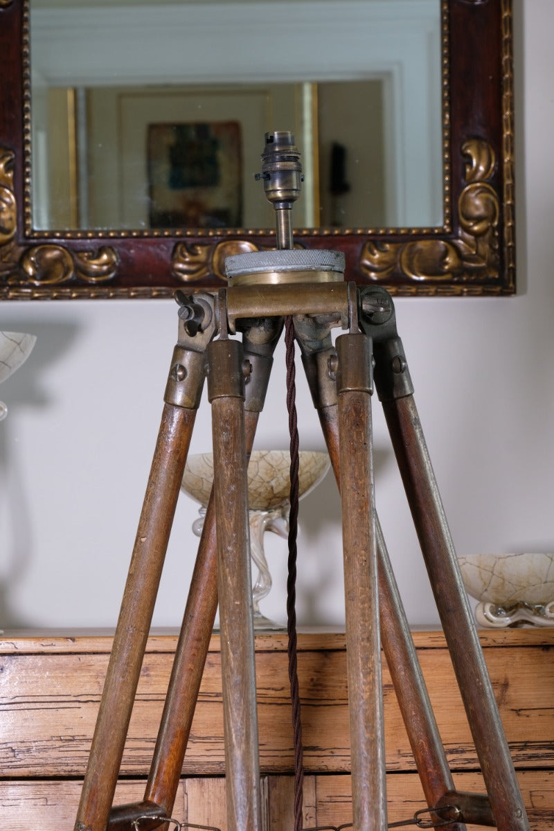 Oak and brass military-style tripod floor lamp with original fittings