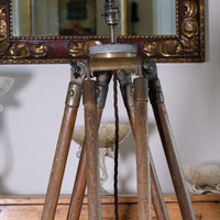 Oak and brass military-style tripod floor lamp with original fittings