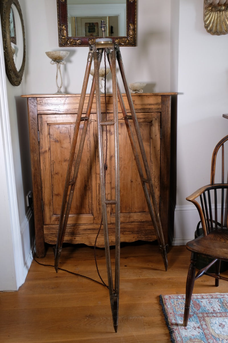 Oak and brass military-style tripod floor lamp with original fittings