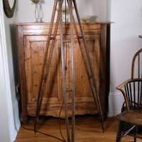 Oak and brass military-style tripod floor lamp with original fittings