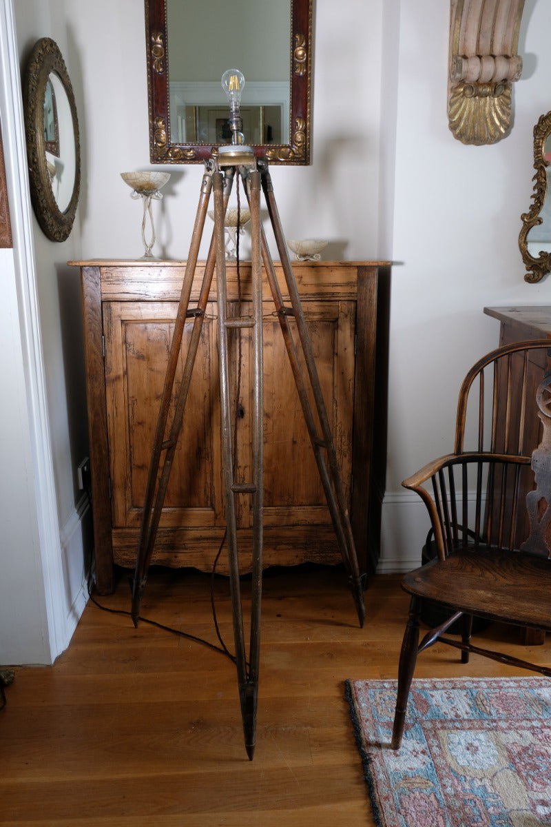 Oak and brass military-style tripod floor lamp with original fittings