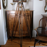 Oak and brass military-style tripod floor lamp with original fittings