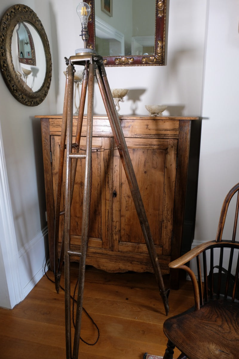 Oak and brass military-style tripod floor lamp with original fittings