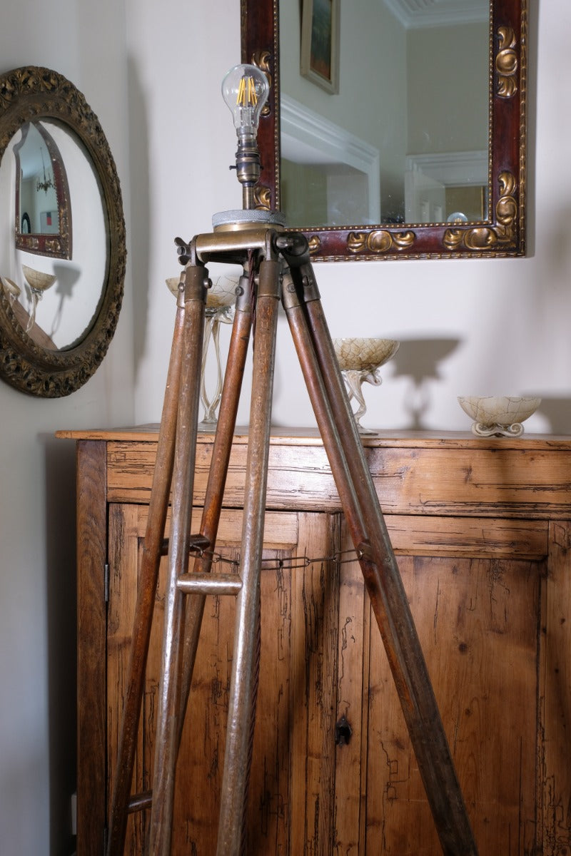 Oak and brass military-style tripod floor lamp with original fittings