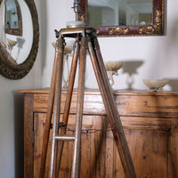 Oak and brass military-style tripod floor lamp with original fittings