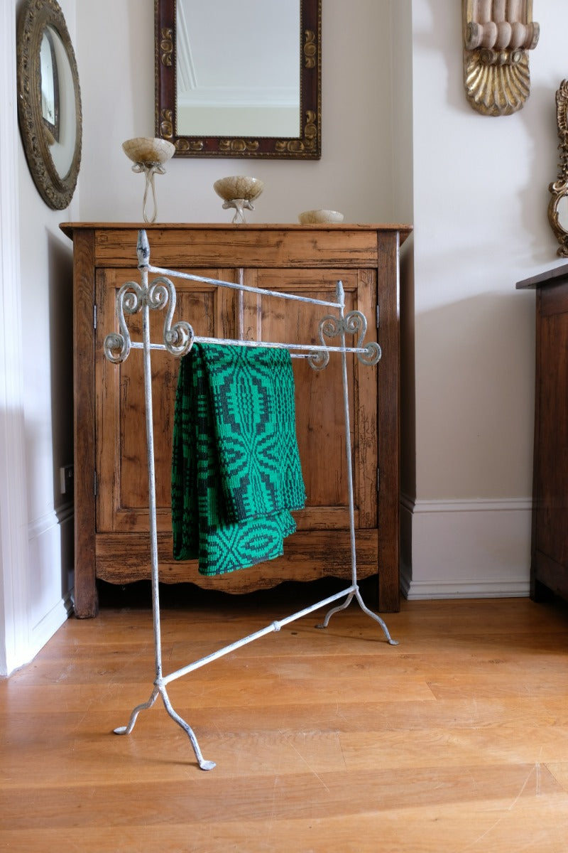 Vintage Wrought Iron Painted Towel Rail With Scroll Ends and Cabriole Legs