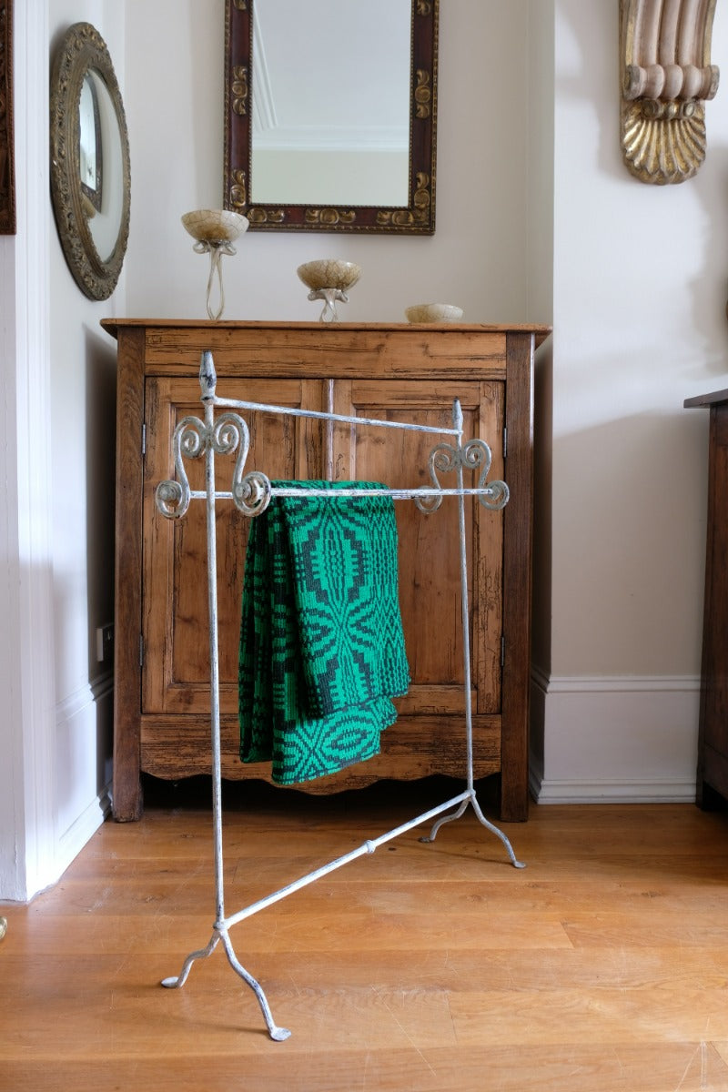 Vintage Wrought Iron Painted Towel Rail With Scroll Ends and Cabriole Legs