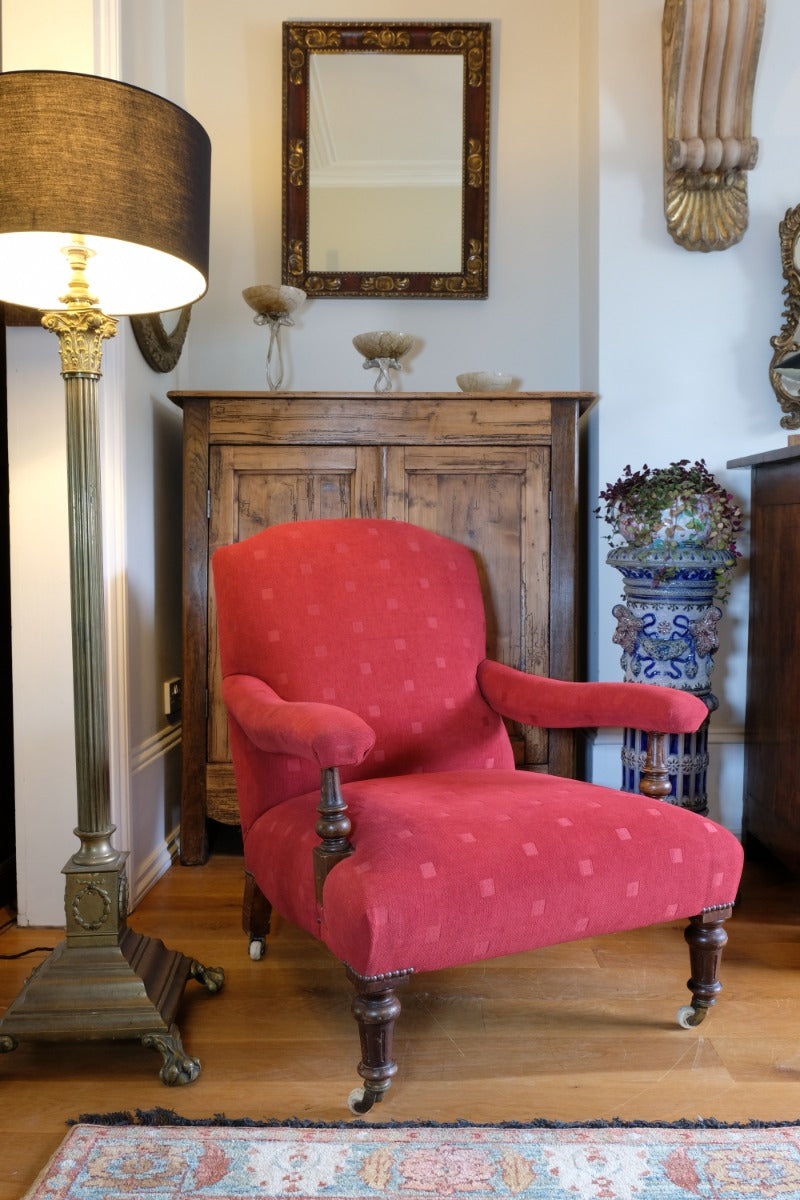 19th Century Open Arm Library Armchair With Serpentine Back and Original Castors