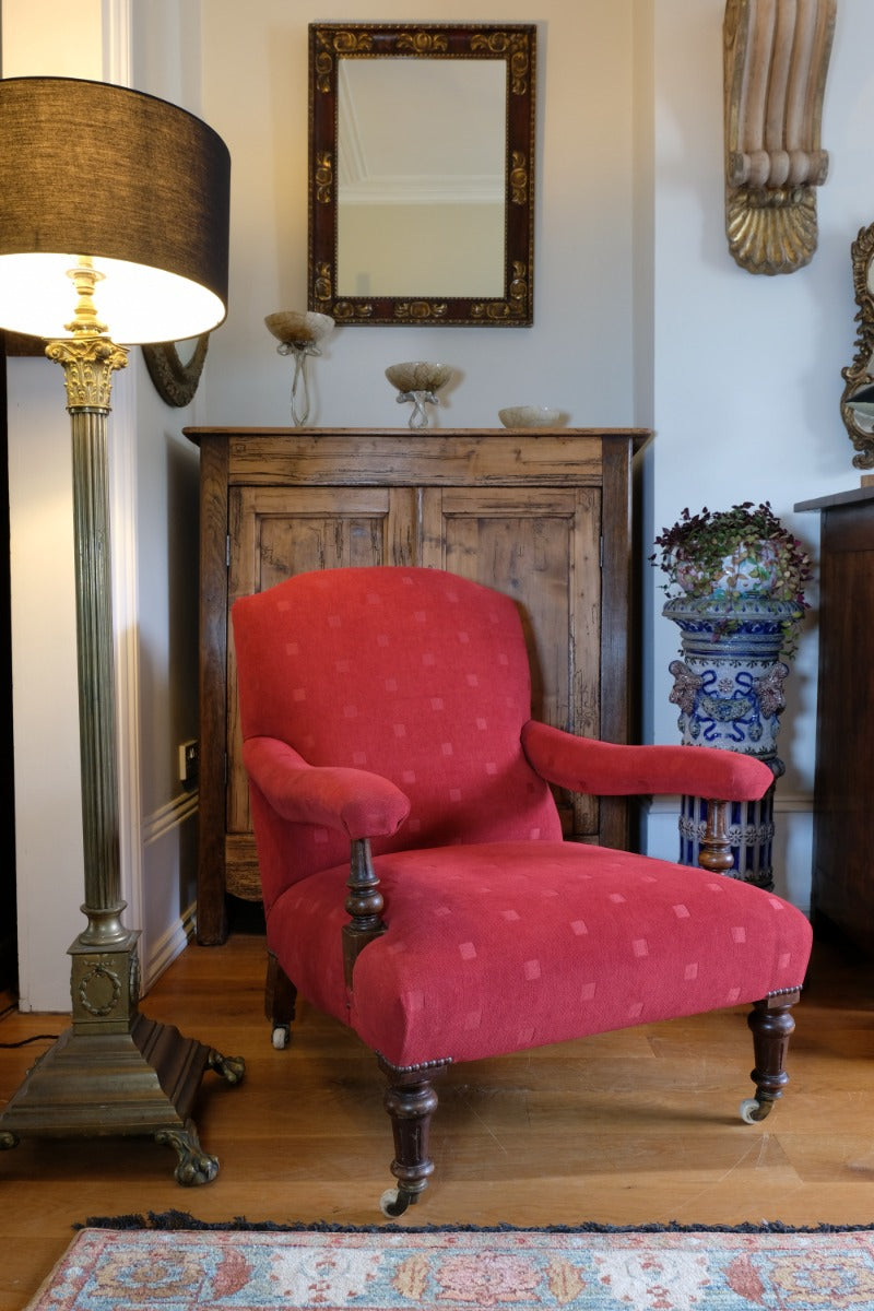 19th Century Open Arm Library Armchair With Serpentine Back and Original Castors